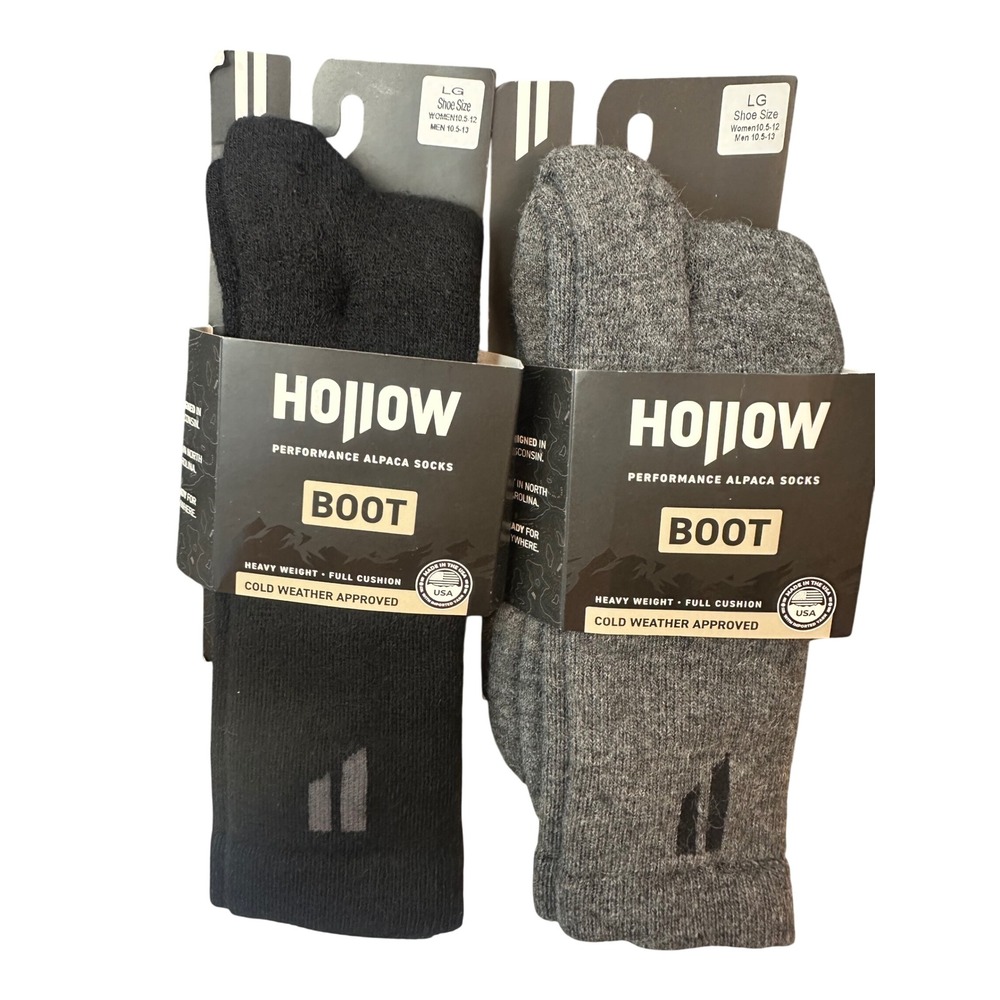 Hollow Performance Alpaca Boot Socks 2 Pair Black Grey Large Mens 10-13 USA Made